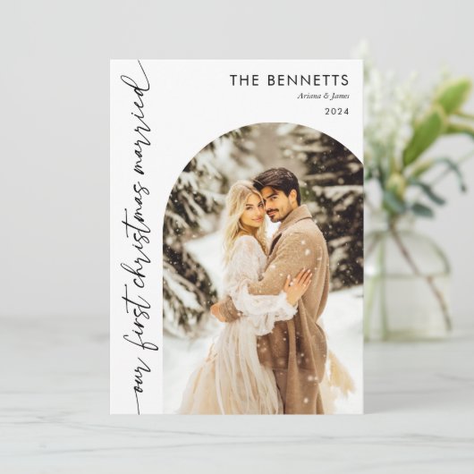 Moderne getrouwde kerstboog foto kerst feestdagenkaart (Staand voorkant)