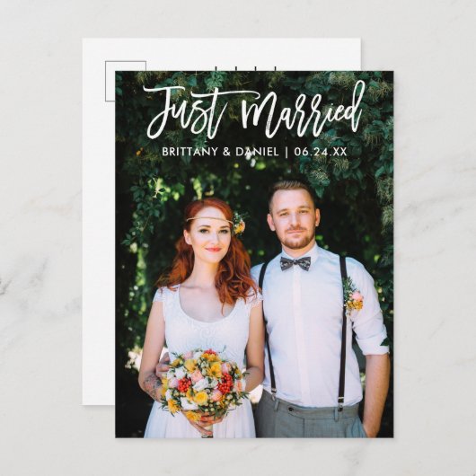 Moderne gewoon gehuwd penseelscript bruiloft briefkaart (Voorkant / Achterkant)