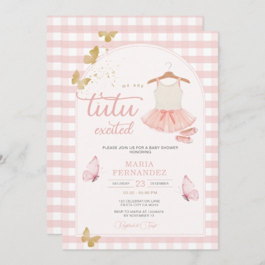 Moderne Gingham Butterfly Pink Tutu Ballerina Kaart (Voorkant / Achterkant)