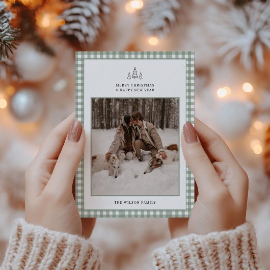 Moderne Gingham Plaid Foto Kerstmis Feestdagenkaart