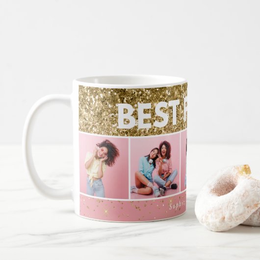 Moderne girale fotoscriptroze glitter bestvrienden koffiemok (Met donut)