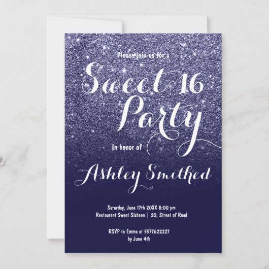 Moderne girale navy blue glitter ombre Sweet 16 Kaart (Voorkant)