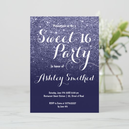 Moderne girale navy blue glitter ombre Sweet 16 Kaart (Staand voorkant)