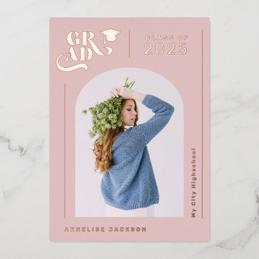 Moderne girale roze foto 2023 afstuderen folie uitnodiging (Voorkant)