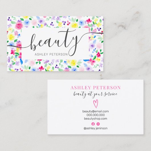 Moderne girale waterverf schoonheidsscriptletterty visitekaartje (Voorkant / Achterkant)