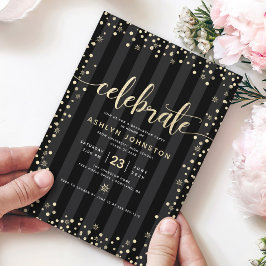 Moderne girale zwarte goudglitterscript afstuderen kaart