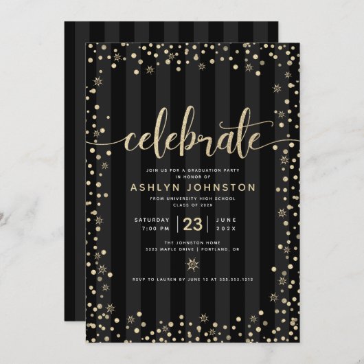 Moderne girale zwarte goudglitterscript afstuderen kaart (Voorkant / Achterkant)