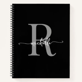 Moderne Girlachtige Zwarte Grijze Script Monogram  Notitieboek