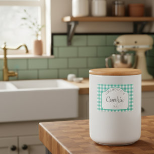 Moderne Girly Blauwgroen Gingham typografie Voedselcontainer Etiket