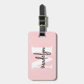 Moderne Girly Blush Roze Monogram Naam Bagagelabel (Voorkant verticaal)