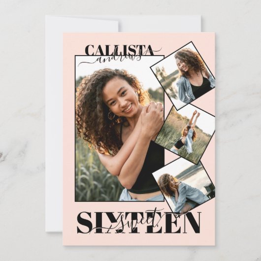 Moderne Girly Blush Roze Zwart Vier Foto Zoet 16 Kaart (Voorkant)