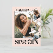 Moderne Girly Blush Roze Zwart Vier Foto Zoet 16 Kaart (Staand voorkant)