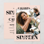 Moderne Girly Blush Roze Zwart Vier Foto Zoet 16 Kaart (Voorkant / Achterkant)