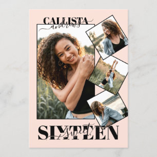 Moderne Girly Blush Roze Zwart Vier Foto Zoet 16 Kaart