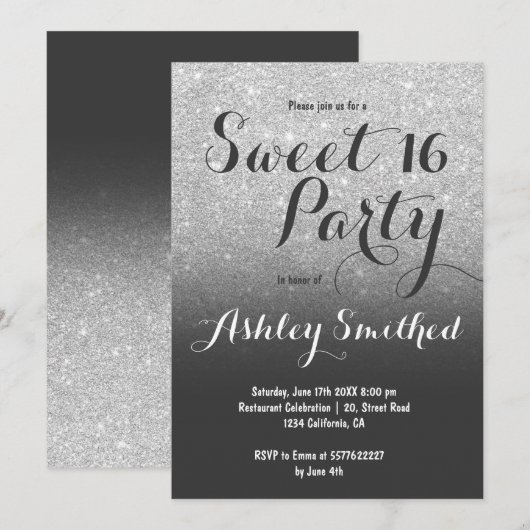 Moderne girly faux zilver glitter ombre Sweet 16 Kaart (Voorkant / Achterkant)