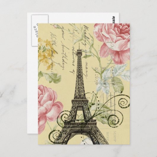 Moderne Girly Floral  Paris Eiffel Tower Briefkaart (Voorkant / Achterkant)