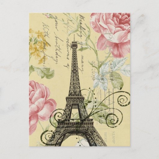 Moderne Girly Floral  Paris Eiffel Tower Briefkaart (Voorkant)