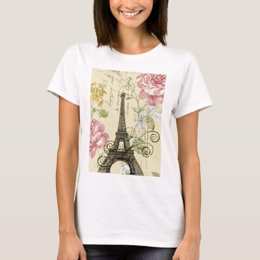 Moderne Girly Floral Paris Eiffel Tower T-shirt (Voorkant)