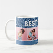 Moderne girly foto script blauw glitter beste vrie koffiemok (Links)