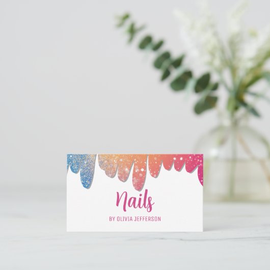 Moderne Girly Glitter Drips Nail Salon Artiest Visitekaartje (Staand voorkant)