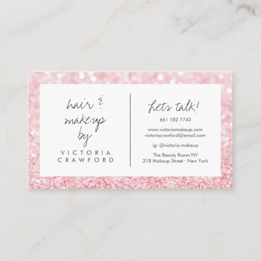 Moderne girly roze glitter bokeh make-up artist visitekaartje (Achterkant)
