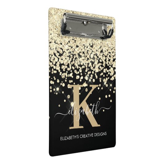 Moderne Glam Black Gold Glitter Monogram Handteken Mini Klembord (Schuin)