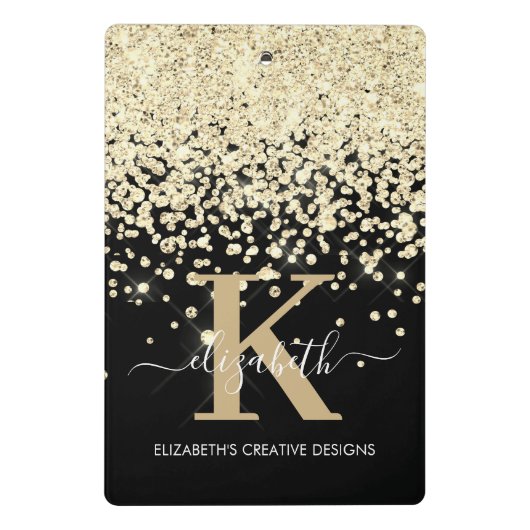 Moderne Glam Black Gold Glitter Monogram Handteken Mini Klembord (Achterkant)