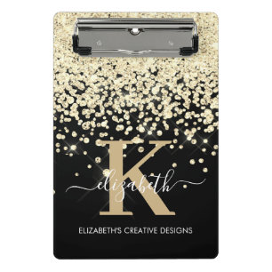 Moderne Glam Black Gold Glitter Monogram Handteken Mini Klembord