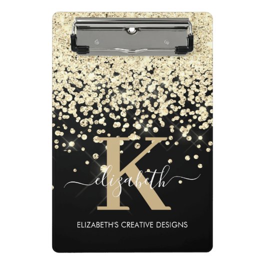 Moderne Glam Black Gold Glitter Monogram Handteken Mini Klembord (Voorkant)