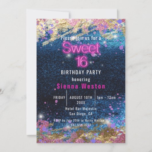Moderne Glam Blue Glitter Hot Neon Pink 16 Kaart (Voorkant)