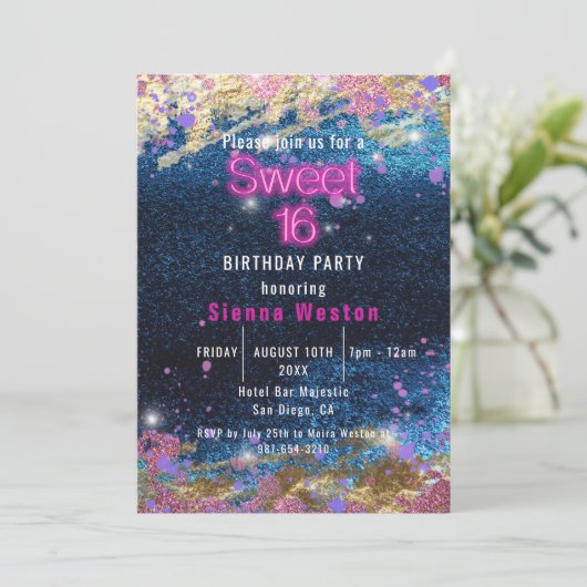 Moderne Glam Blue Glitter Hot Neon Pink 16 Kaart (Staand voorkant)