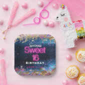 Moderne Glam Blue Glitter Hot Neon Pink 16 Papieren Bordje (Feest)