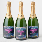 Moderne Glam Blue Glitter Hot Neon Pink 16 Sparkling Wijnetiket (Flessen)