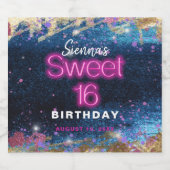 Moderne Glam Blue Glitter Hot Neon Pink 16 Sparkling Wijnetiket (Enkel label)