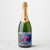 Moderne Glam Blue Glitter Hot Neon Pink 16 Sparkling Wijnetiket (Voorkant)