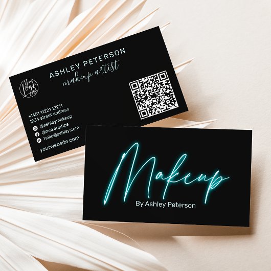 Moderne glam blue neon make-up script logo qr code visitekaartje