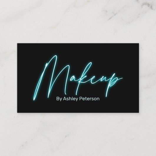Moderne glam blue neon make-up script logo qr code visitekaartje (Voorkant)