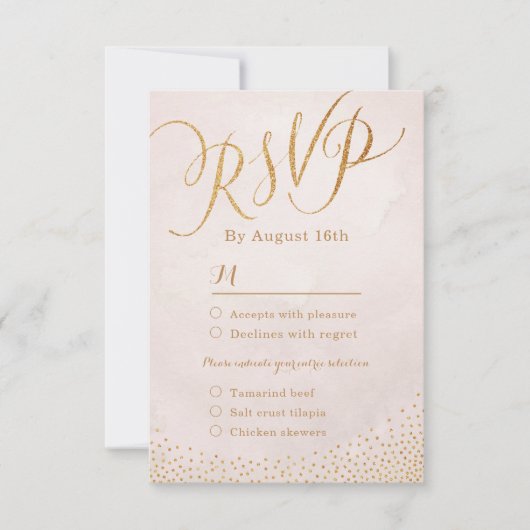 Moderne glam blush roos goudkalligrafie RSVP (Voorkant)