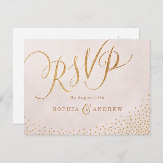 Moderne glam blush roos goudkalligrafie RSVP Uitnodiging Briefkaart (Voorkant / Achterkant)