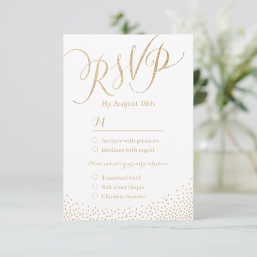 Moderne glam faux gouden glitter kalligrafie RSVP (Staand voorkant)