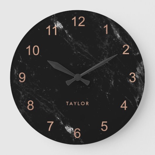 Moderne Glam Faux Roos Gold look en zwarte marmer Grote Klok (Voorkant)