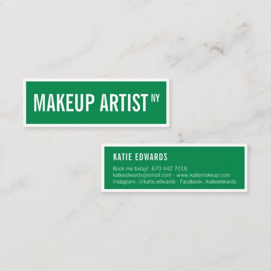 Moderne glam groen witte straat teken make-up arti mini visitekaartje (Voorkant / Achterkant)