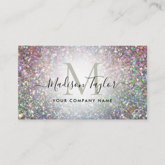 Moderne glam holographic Glitter Sparkle Monogram Visitekaartje (Voorkant)