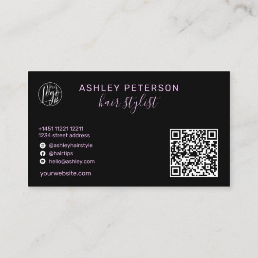 Moderne glam paarse neon-haarscript, logo qr code visitekaartje (Achterkant)