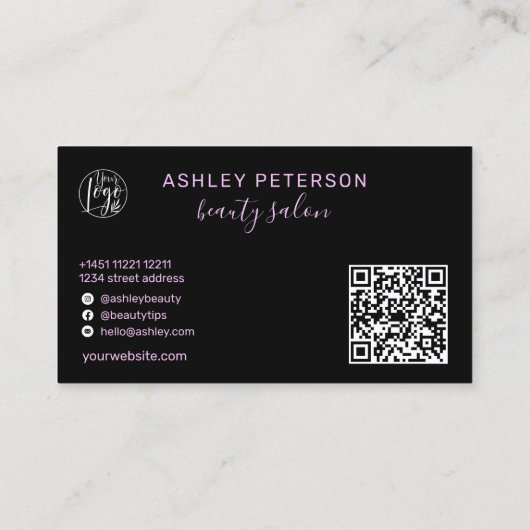 Moderne glam paarse neon schoonheidsscript logo qr visitekaartje (Achterkant)