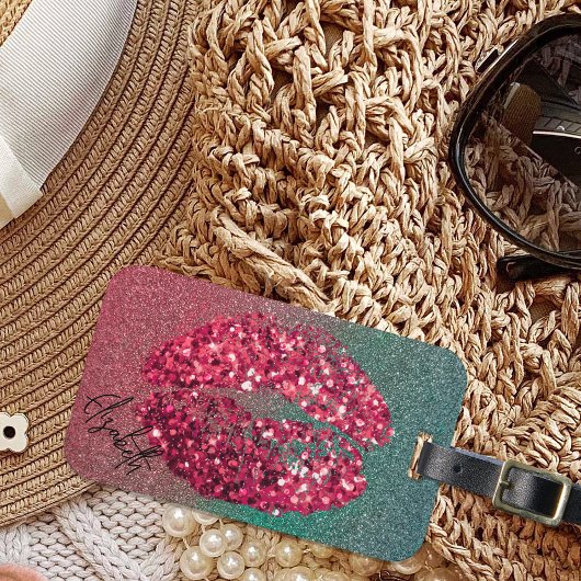 Moderne Glam Red Glittery Kiss lipstick afdrukken Bagagelabel