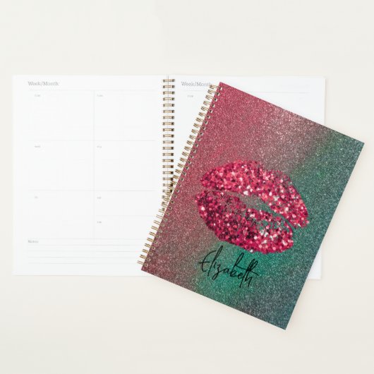 Moderne Glam Red Glittery Kiss lipstick afdrukken Planner (Display)