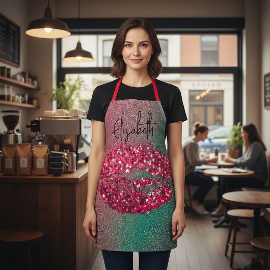 Moderne Glam Red Glittery Kiss lipstick afdrukken Schort