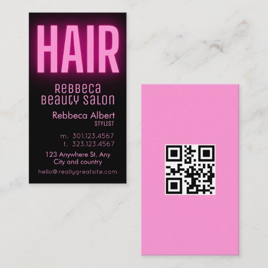 Moderne glam roze neon haarschrift logo qr code visitekaartje (Voorkant / Achterkant)