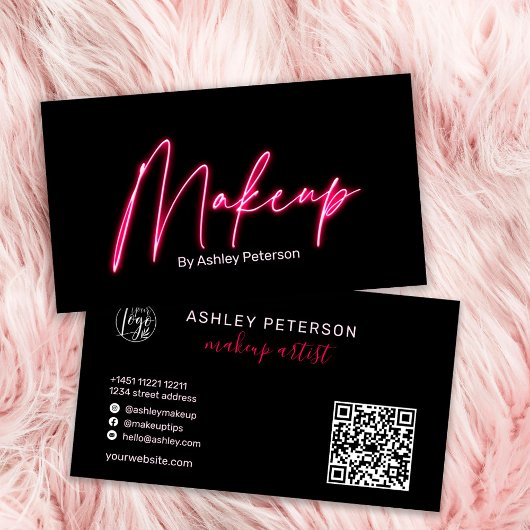Moderne glam roze neon make-up script logo qr code visitekaartje